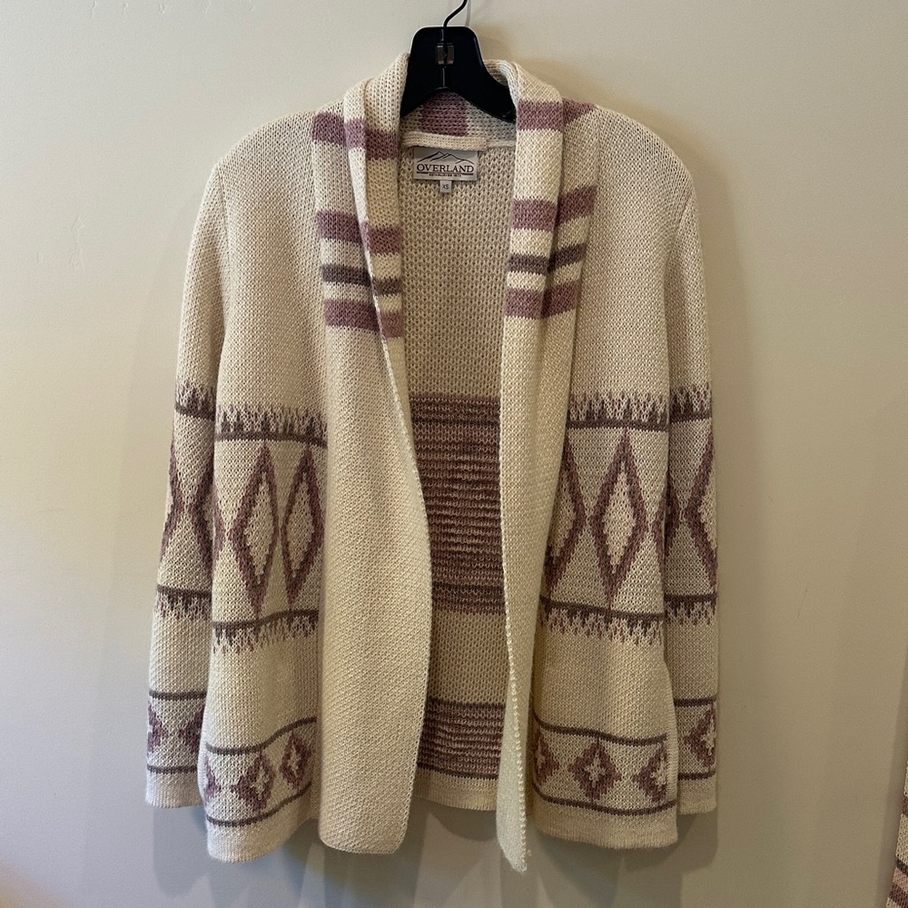 Overland Women's 100% Alpaca Wool Cream and Purple Cardigan Sweater